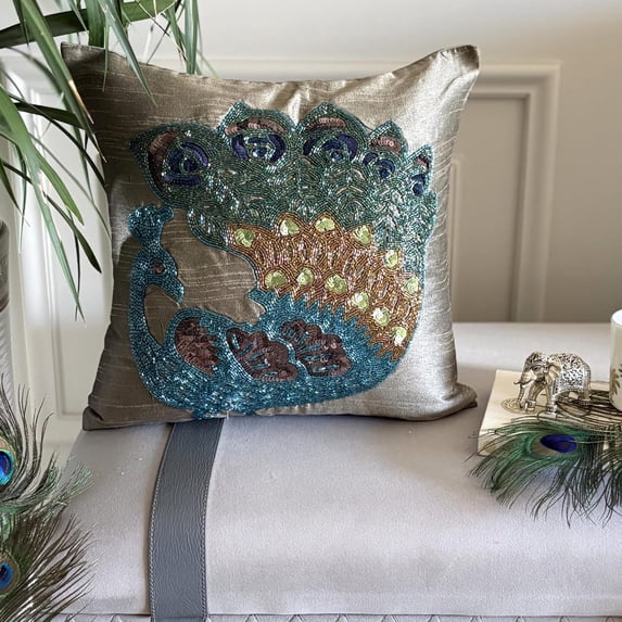 Pillow Covers, 20x20 Pillow Cover Taupe, Pillow Covers 20x20 inch (50x50 cm) Green, Silk Throw Pillow Covers, Handmade Pillow Covers, Traditional Style, Birds - Taupe Green Peacock