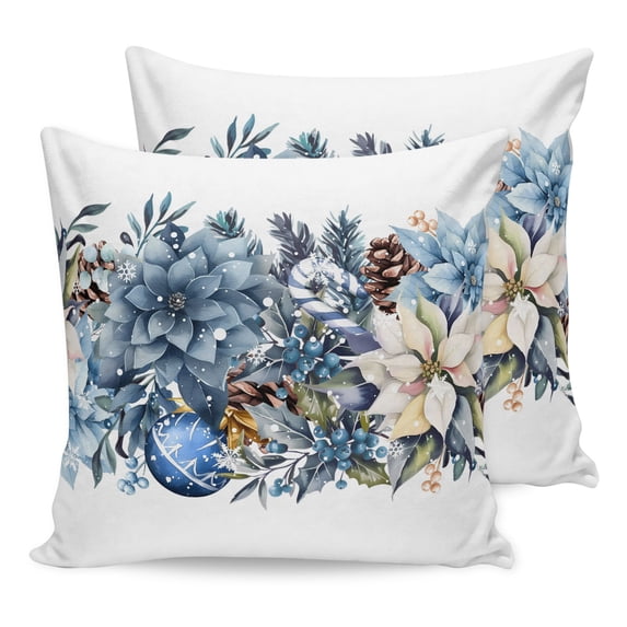 Pillow Covers 20x20 Set of 2, Blue Christmas Poinsettia Throw Pillow Covers Decorative Couch Cushion Cover, Xmas Botanical Balls Snowflake Microfiber Soft Pillowcases for Bedroom Living Room Sofa