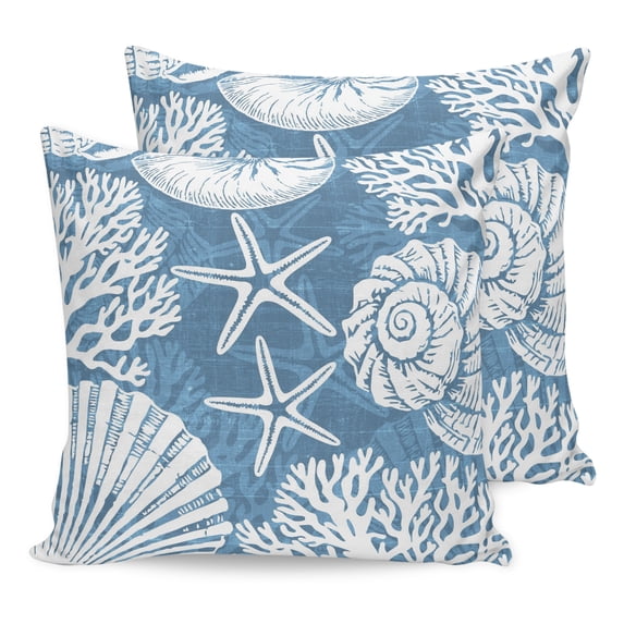 Pillow Covers 20x20 Set of 2, Blue Coastal Throw Pillow Covers Decorative Couch Cushion Cover, Conch Nautical Summer Starfish Shell Coral Microfiber Soft Pillowcases for Bedroom Living Room Sofa