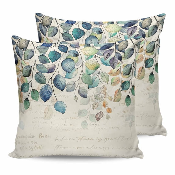 Pillow Covers 20x20 Set of 2, Blue Teal Botanical Throw Pillow Covers Decorative Couch Cushion Cover, Weeping Fall Eucalyptus Leaves Rustic Microfiber Soft Square Pillowcases for Bedroom Sofa