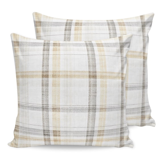 Pillow Covers 20x20 Set of 2, Yellow Brown Check Throw Pillow Covers Decorative Couch Cushion Cover, Farmhouse Line Buffalo Plaid Microfiber Soft Square Pillowcases for Bedroom Living Room Sofa