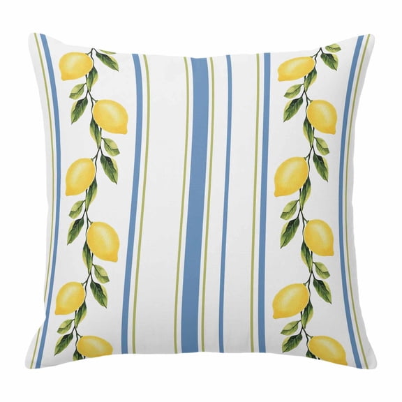 Pillow Covers 24x24 Inch, Lemon Striped Linen Pillowcase with Invisible Zipper, Yellow Fruit Blue White Geometric Decorative Throw Pillow Covers Cushion Case for Couch Sofa Bed Living Room