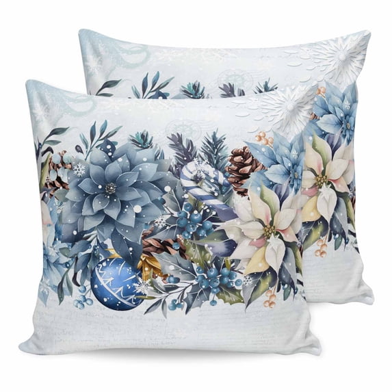 Pillow Covers 24x24 Set of 2, Blue Poinsettia Christmas Throw Pillow Covers Decorative Couch Cushion Cover, Xmas Botanical Balls Snowflake Microfiber Soft Pillowcases for Bedroom Living Room Sofa