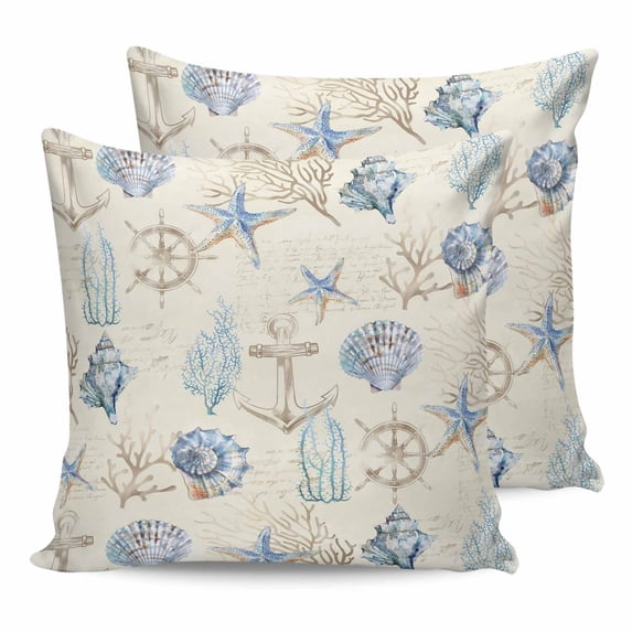 Pillow Covers 24x24 Set of 2, Nautical Coastal Throw Pillow Covers Decorative Couch Cushion Cover, Vintage Beach Coral Starfish Shell Microfiber Soft Square Pillowcases for Bedroom Living Room Sofa