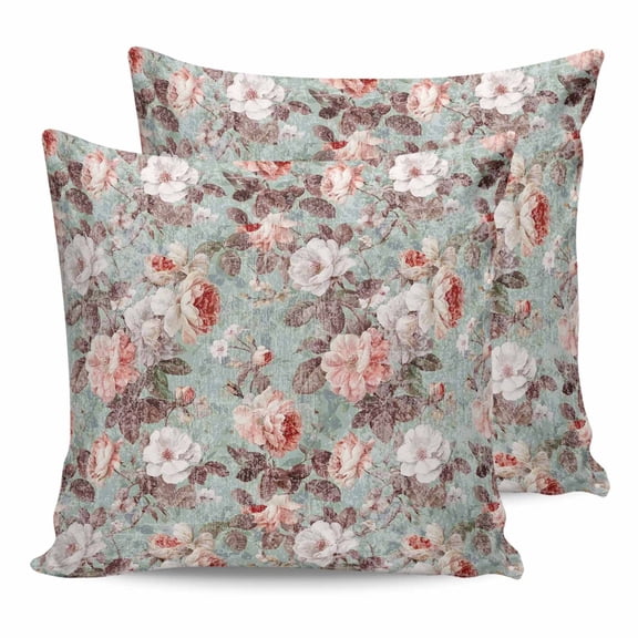 Pillow Covers 24x24 Set of 2, Pink Green Spring Floral Throw Pillow Covers Decorative Couch Cushion Cover, Vintage Botanical Summer Microfiber Soft Square Pillowcases for Bedroom Living Room Sofa