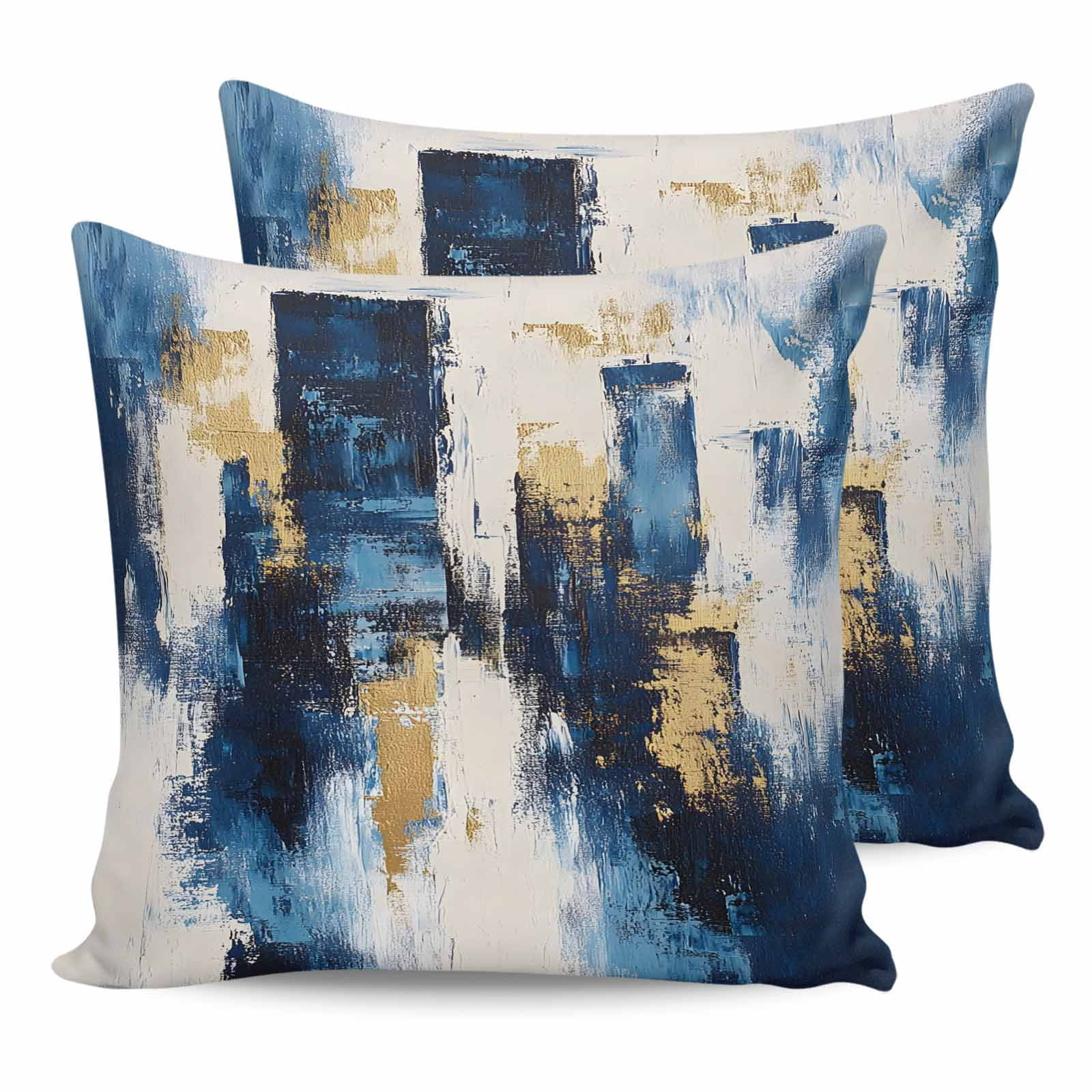 Pillow Covers 24x24 Set of 2, Rustic Blue Gold Throw Pillow Covers Decorative Couch Cushion Cover, Abstract Neutral Brush Strokes Artwork Microfiber Soft Square Pillowcases for Bedroom Sofa