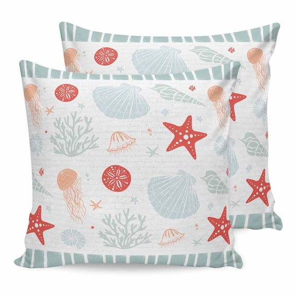 Pillow Covers 24x24 Set of 2, Sage Green Red Coastal Throw Pillow Covers Decorative Couch Cushion Cover, Ocean Nautical Starfish Coral Striped Microfiber Soft Pillowcases for Bedroom Living Room Sofa