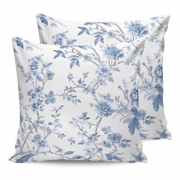 Pillow Covers 26x26 Set of 2, Blue White Spring Floral Throw Pillow Covers Decorative Couch Cushion Cover, Summer Botanical Birds Microfiber Soft Square Pillowcases for Bedroom Living Room Sofa