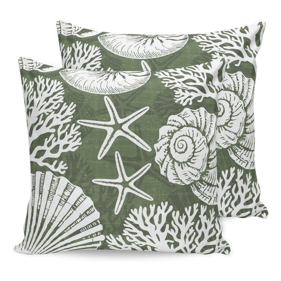 Pillow Covers 26x26 Set of 2, Dark Green Coastal Throw Pillow Covers Decorative Couch Cushion Cover, Conch Nautical Summer Starfish Shell Coral Microfiber Soft Pillowcases for Bedroom Living Room
