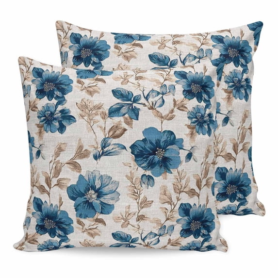 Pillow Covers 26x26 Set of 2, Indigo Florals Throw Pillow Covers Decorative Couch Cushion Cover, Farm Botanical Peonies Vintage Brown Leaves Microfiber Soft Pillowcases for Bedroom Living Room Sofa