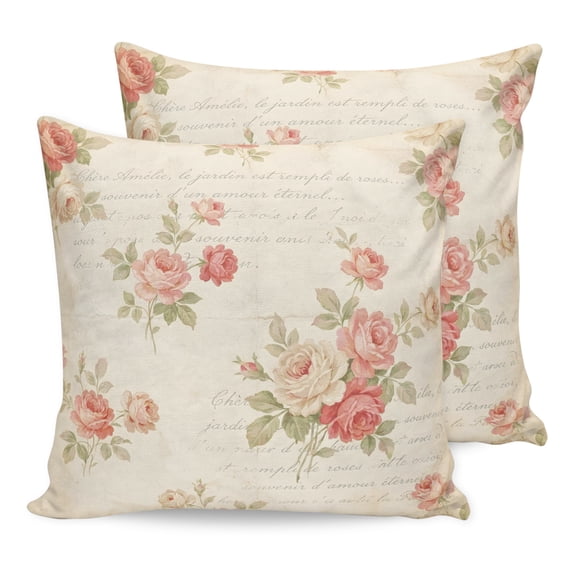 Pillow Covers 26x26 Set of 2, Pink Roses Throw Pillow Covers Decorative Couch Cushion Cover, Vintage Boho Farmhouse Botanical Leaves Microfiber Soft Square Pillowcases for Bedroom Living Room Sofa