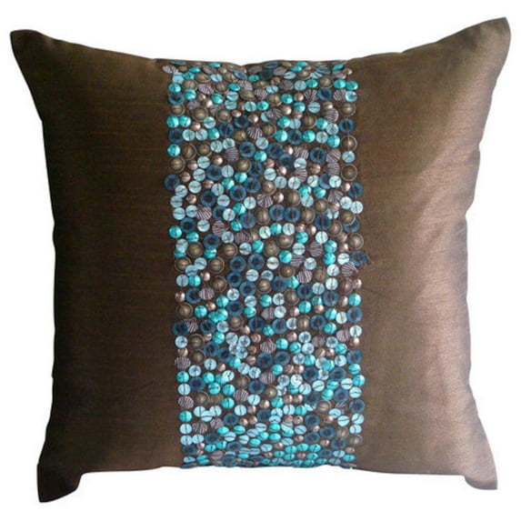 Pillow Covers, Brown Throw Pillow Cover, 3D Turquoise Sequins Pillow Cover, Throw Pillow Cover 18x18 inch (45x45 cm), Square Silk Pillow Cover,, Modern, Circles & - Cocoa & Turq