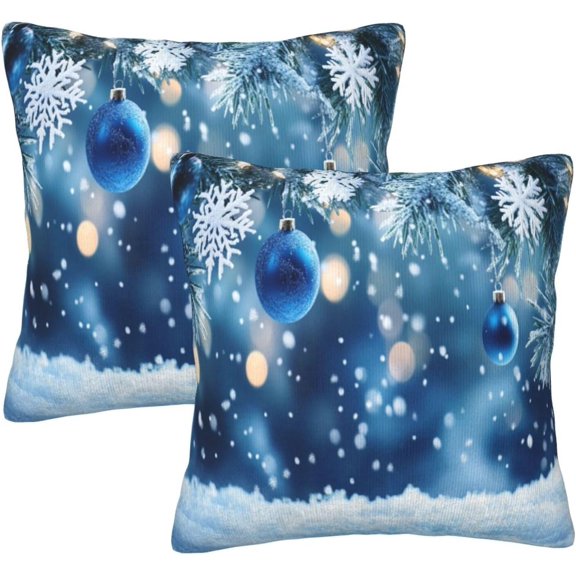 Pillow Covers Christmas Blue Ball Snowflake Festive Decorative Throw Pillow Case with Hidden Zipper 18x18 Inch 2 Set Soft Two-Sided Print for Sofa Bed Couch Holiday Home Decor
