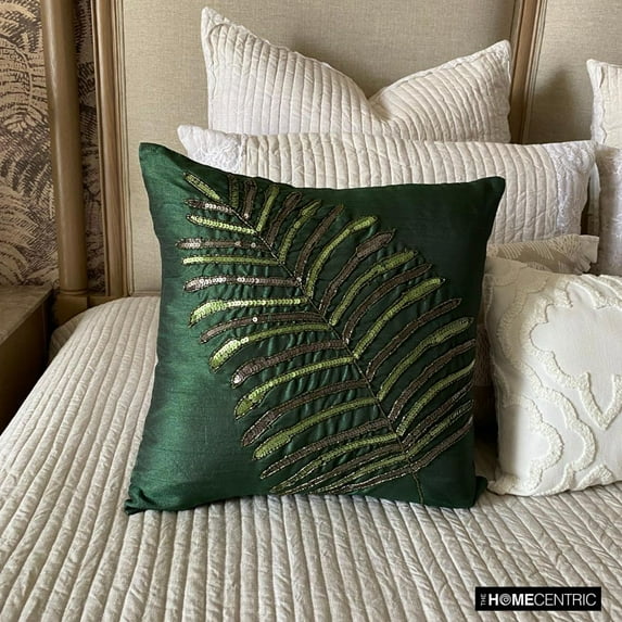 Pillow Covers, Dark Green Pillows Cover, Leaf Sequins & Beaded Pillows Cover, Throw Pillow Covers 18x18 inch (45x45 cm), Square Silk Pillows Covers, Floral, Tropical - Floating Leaf