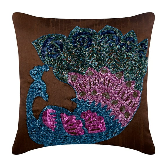 Pillow Covers, Decorative Brown Designer Throw Pillow Covers 16x16 inch (40x40 cm), Silk Throw Pillows For Couch, Birds, Peacock, Beaded, Traditional Accent Pillow - Blue Peacock