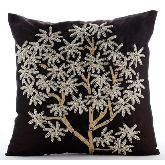 Pillow Covers, Decorative Brown Designer Zippered Pillow Covers 16x16 inch (40x40 cm), Silk Cushion Cover&nbsp;Couch, Nature & Floral, Tree, Zardozi, Contemporary Accent - The Desert Life