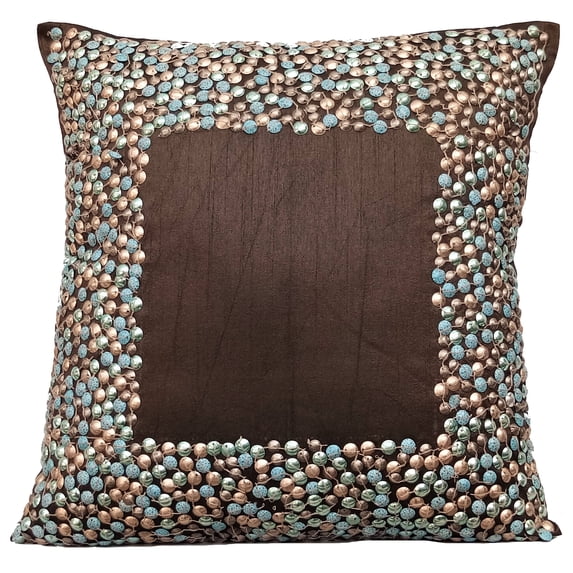 Pillow Covers, Decorative Pillow Covers 14x14 inch (35x35 cm) Brown, Silk Throw Pillow Covers, Handmade Pillow Covers, Bordered Pillow Covers, Traditional Pillow Covers - Brown Around
