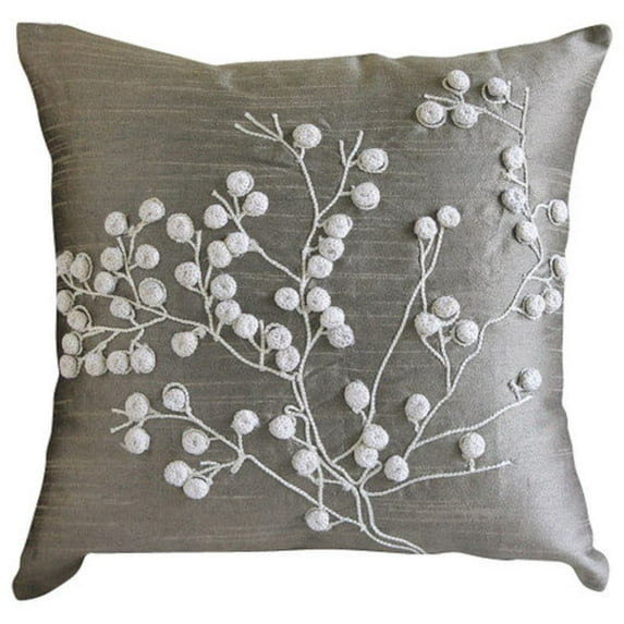 Pillow Covers, Decorative Grey Designer Accent Pillow Covers 16x16 inch (40x40 cm), Silk Throw Pillow Covers, Nature & Floral, Embroidery, Contemporary Pillow Covers - Snow Flowers