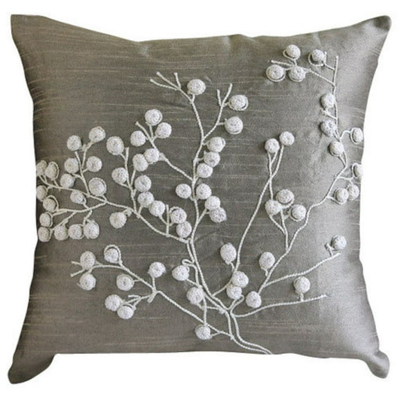 Pillow Covers, Decorative Grey Designer Accent Pillow Covers 16x16 inch (40x40 cm), Silk Throw Pillow Covers, Nature & Floral, Embroidery, Contemporary Pillow Covers - Snow Flowers