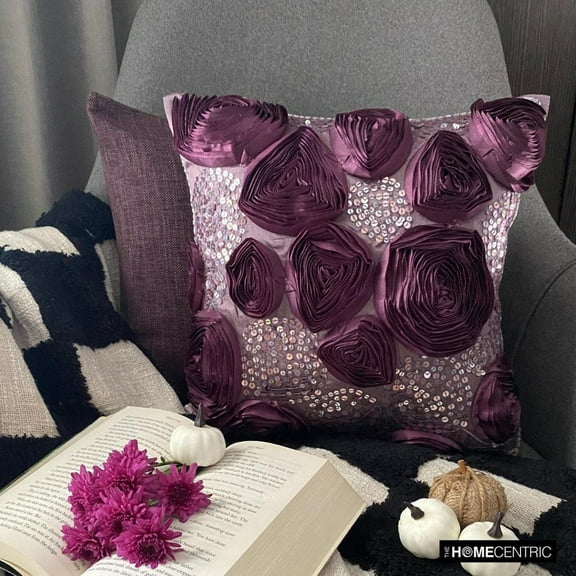 Pillow Covers, Decorative Plum Throw Pillow Covers 16x16 inch (40x40 cm), Silk Throw Pillows For Couch, Nature & Floral, Ribbon Embroidery, Sequins Embellished - Wine and Roses