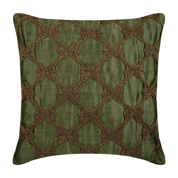 Pillow Covers, Earth Green Pillow Cover, Gold Beaded Lattice Trellis Pillow Cover, 18x18 inch (45x45 cm) Pillow Cover, Square Silk Pillow Cover Couch, Geometric - Tarnished Gold