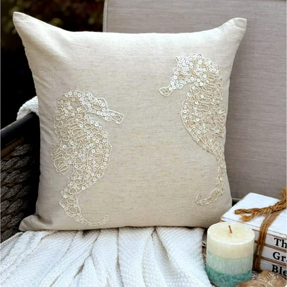 Pillow Covers, Ecru Pillow Cover, Sea Horse Ocean Beach Theme Pillow Cover, 14x14 inch (35x35 cm) Pillow Cover, Square Linen Pillow Cover, Floral Mediterranean, Sea - Sea Horse Pearls