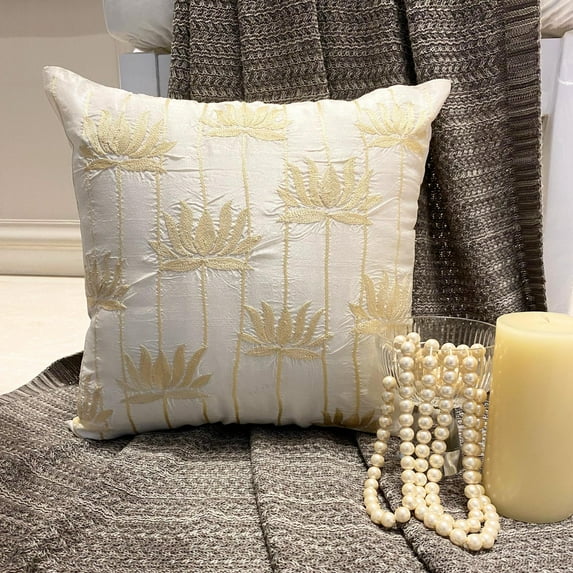 Pillow Covers, Ivory Couch Throw Pillow Covers 16x16 inch (40x40 cm), Silk Throw Pillow Covers, Nature & Floral, Lotus, Meditation, Embroidery, Zen, Contemporary - Lotus Serene