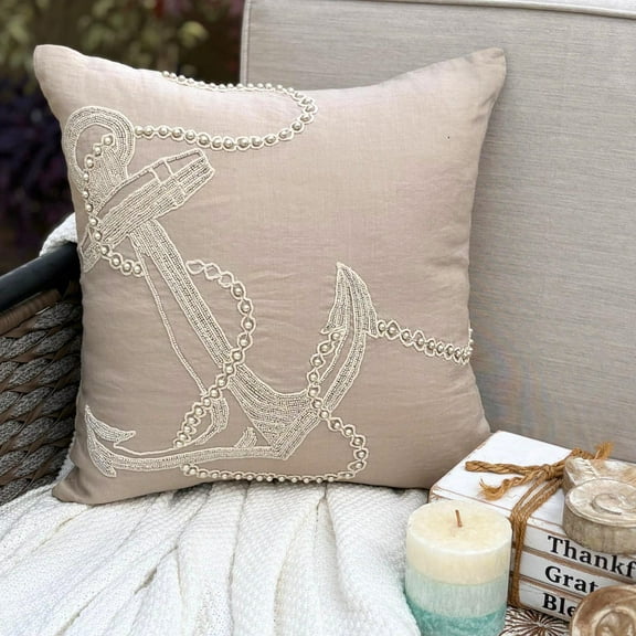 Pillow Covers, Mocha Decorative Pillow Covers 16x16 inch (40x40 cm), Linen Decorative Zippered Pillow Covers, Sea Creatures, Anchor, Pearl, Beach Style Pillow Cover - Pearl Anchor