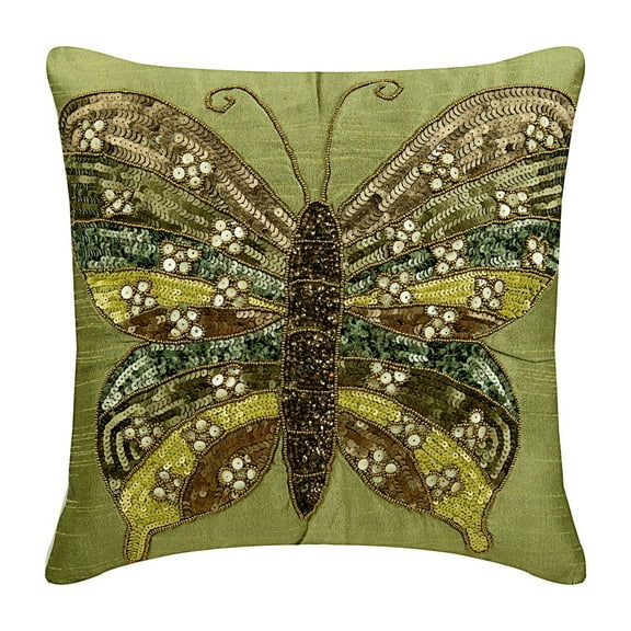 Pillow Covers, Olive Green Decorative Pillowcase&nbsp;With Zipper 16x16 inch (40x40 cm), Silk Throw Pillows For Couch, Floral, Modern Accent Throw&nbsp;Pillows - Butterfly Envy