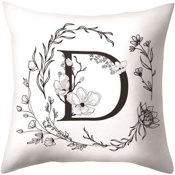 Letter D Floral Pillow Cover 18x18 Inch - Black & White Botanical Monogram Wreath Design, Elegant Decorative Cushion Case for Sofa Bed Living Room Bedroom (Insert Not Included)