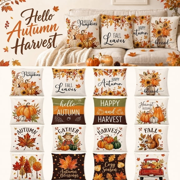 Pillow Covers Set of 4, 18X18 Inch Fall Pillow Covers, Thanksgiving Pillow Covers with Pumpkin Maple Leaf Squirrel Scarecrow Prints, Fall Decor for Home Farmhouse Living Room
