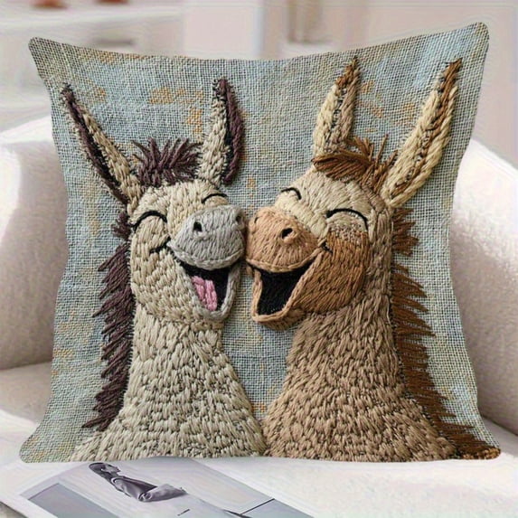 Pillow Covers, Short Lint Pillow Cover 18inch Cute Two Donkeys Embroidery Decorative Throw Pillowcase For Sofa Bedroom Living Room Home Decoration