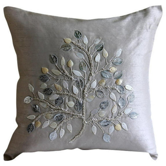 Pillow Covers, Silver Beige Decorative Accent Pillow Covers 16x16 inch (40x40 cm), Silk Pillow Cover For Sofa, Nature & Floral, Beaded, Contemporary Throw Pillow Covers - Silver Leaf
