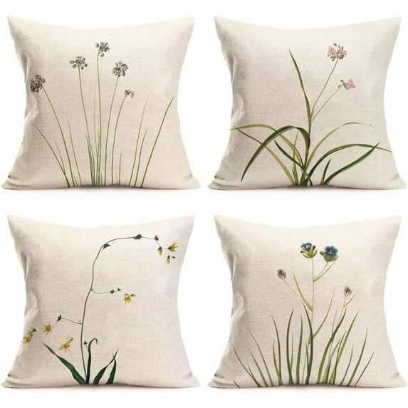 Pillow Covers Spring Floral & Plants Decorative Throw Pillow Case Cushion Cover Cotton Linen Square Pillowcase for Sofa 18 x 18 Inches, Set of 4 (Green Plant-1)