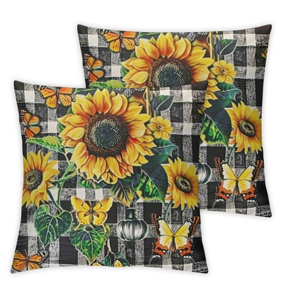 Pillow Covers of Summer Flower Black Buffalo Plaid Yellow Floral Throw Pillows Farmhouse Outdoor Decorative Pillowcase Square Cushion Cover for Home Couch Bed
