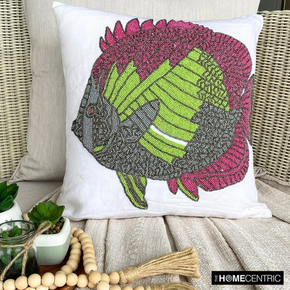 Pillow Covers, White Decorative Throw Pillow Covers For Couch 16x16 inch (40x40 cm), Linen Decorative Pillow Covers, Sea Creatures, Fish, Beaded, Beach Style Pillow - The Fishy Way