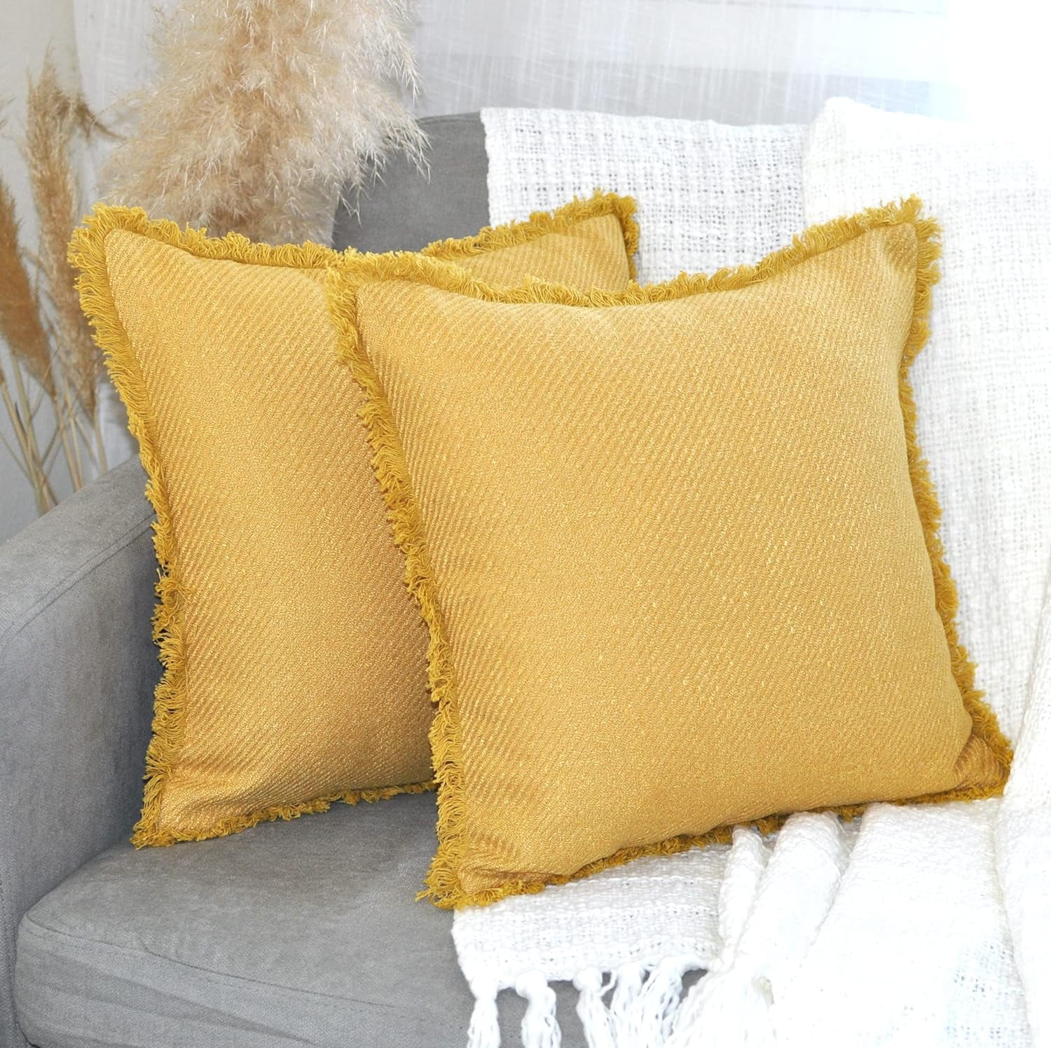 Pillow Covers With Fringes 18X18 Inches Mustard Yellow (Pack Of 2