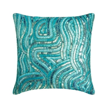 Pillow Covers With Zippers, Blue Pillow Covers 16x16 inch (40x40 cm), Silk Throw Pillows For Couch, Sea Creatures, Sea Waves, Sequins Embellished, Beach - Aqua Infinity