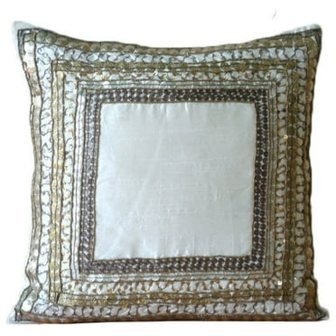 Pillow Covers With Zippers, Ivory Designer Pillow Covers 16x16 inch (40x40 cm), Silk Accent Throw&nbsp;Pillows, Bordered, Metal Sequins, Tribal, Traditional - Ivory Treasure