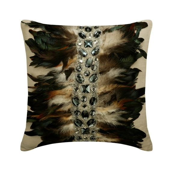 Pillow Covers With Zippers, Beige 16"x16" (40x40 cm) Cushion Cover Couch, Linen Feathers, Crystals & Beaded Couch Pillow Cases, Animal Print - Crystallised Feathers
