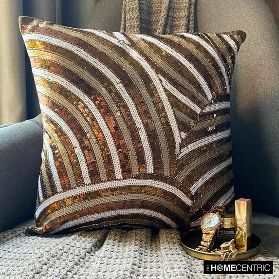 Pillow Covers With Zippers, Brown Pillow Cover, Sequins & Beaded Sparkly Glitter Pillows Cover, 20x20 inch (50x50 cm) Pillow Cover, Pillow Cover, Square Silk, Modern, Abstract - Diva