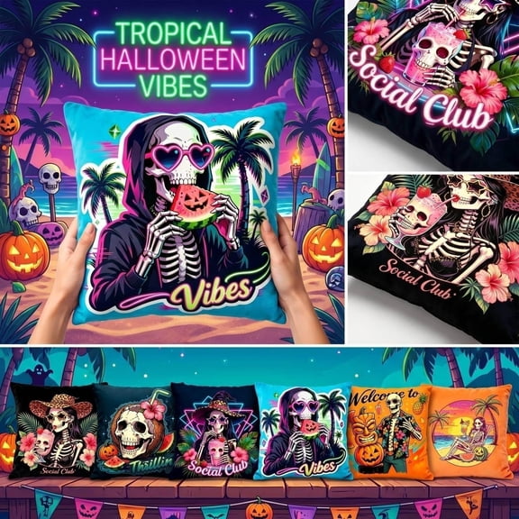 Pillow Decor, 18 X 18 Inch Linen Throw Pillow Cover, Summer Halloween Skeleton Tiki Print Pillow Case, Double Sided Halloween Cushion Cover, Jack O Lantern Halloween Pillow for