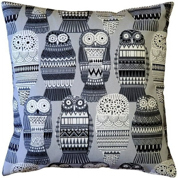 Pillow Decor Midnight Owl Cotton Throw Pillow 17x17 Gray Off-White Design