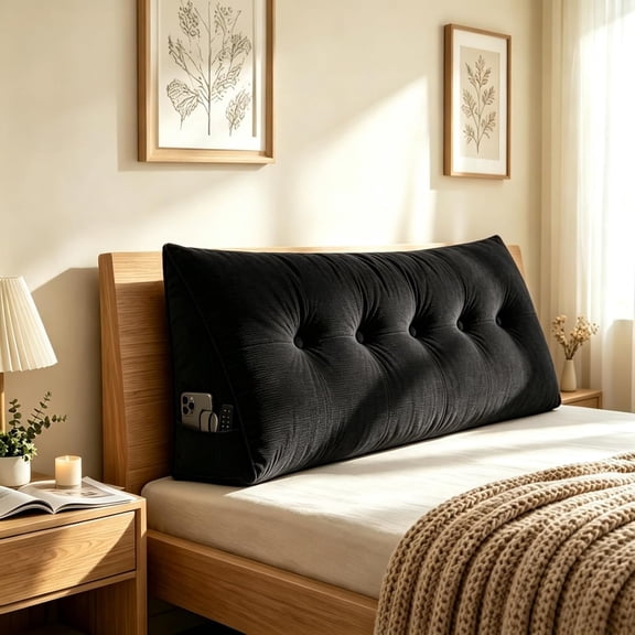 Pillow Headboard Twin XL, Wedge Pillow Dorm with Side Pocket, Triangular Back Support Cushion for College Dorm Bed Daybed, No Nail Comfort Reading Bolster,Black:39.37x15.75in