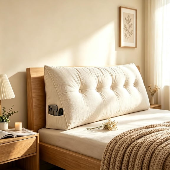 Pillow Headboard Twin XL, Wedge Pillow Dorm with Side Pocket, Triangular Back Support Cushion for College Dorm Bed Daybed, No Nail Comfort Reading Bolster,White:23.62x15.75in