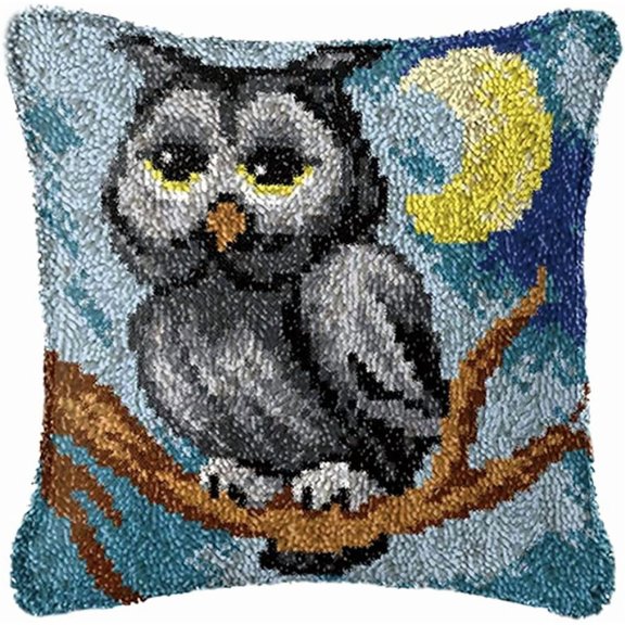 Pillow Latch Hook Kits Grey Owl on Tree Moon Crochet Yarn Rug Cushion Embroidery Needlework Pillowcase Hook and Latch Kit Home Sofa Decoration 43x43cm