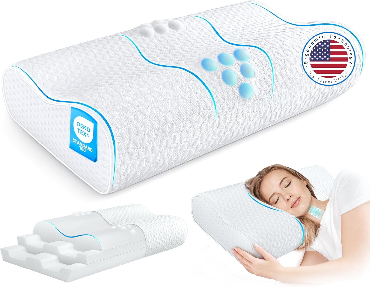 Bed Pillow, Cervical Pillow for Neck Pain Relief, Memory Foam Neck Pillow for Sleeping, Contour
