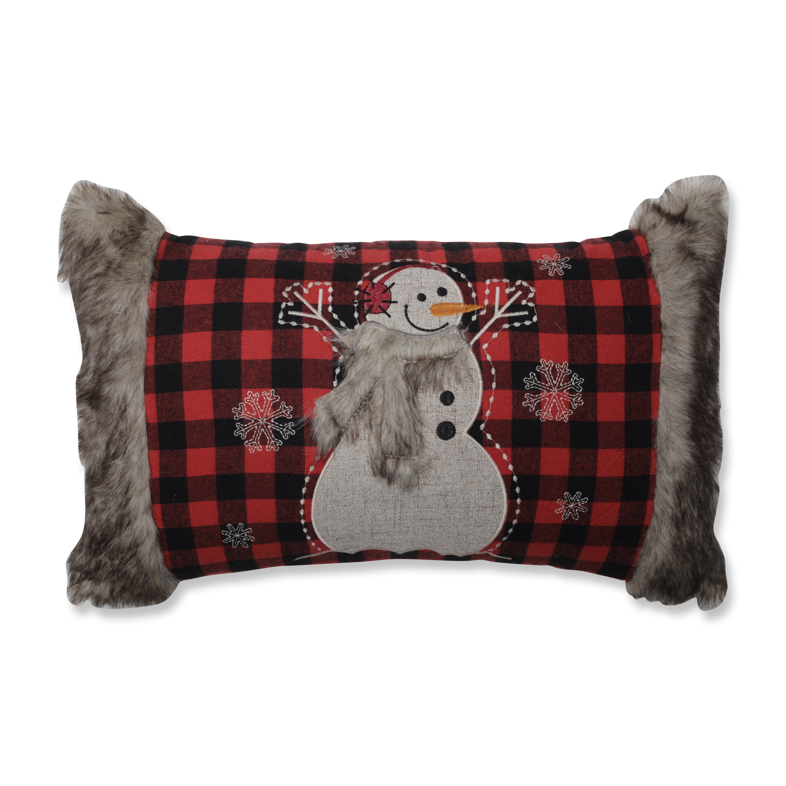 Medium Red and Black Embroidered Snowman Pillow with Faux Fur