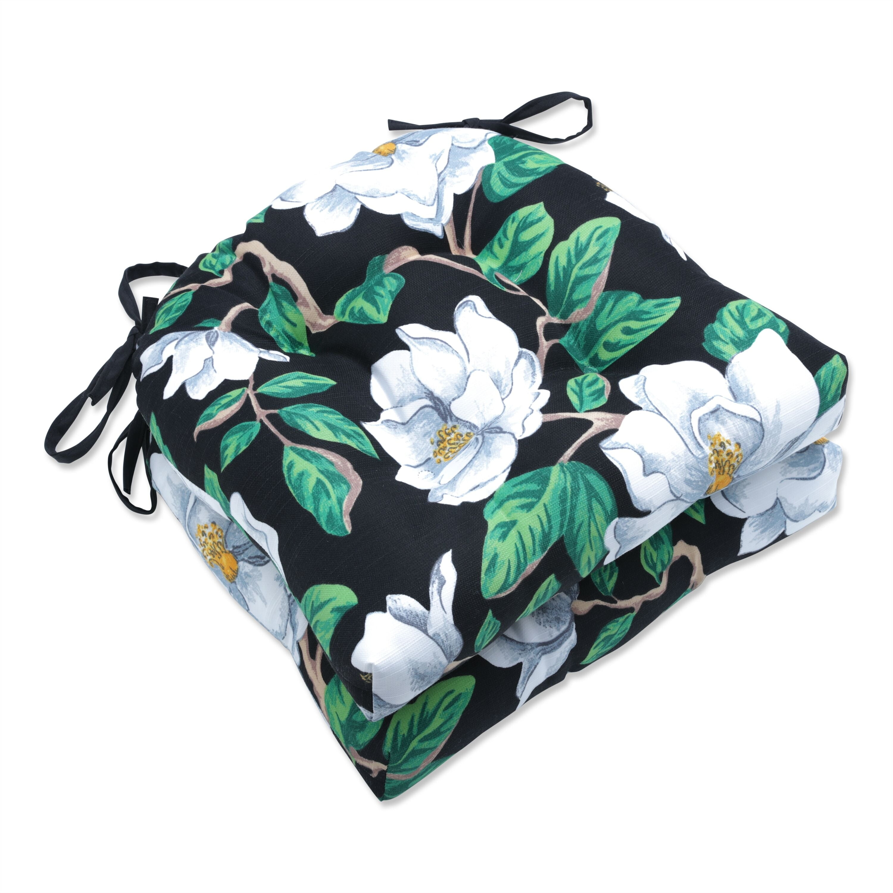 Magnolia Black and White Floral Tufted Chair Pads, Set of 2
