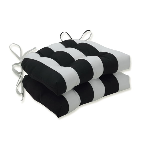 Pillow Perfect Outdoor Cabana Stripe Black Deluxe Tufted Chairpad (Set of 2) - 17 X 17.5 X 4 - 17 X 17.5 X 4